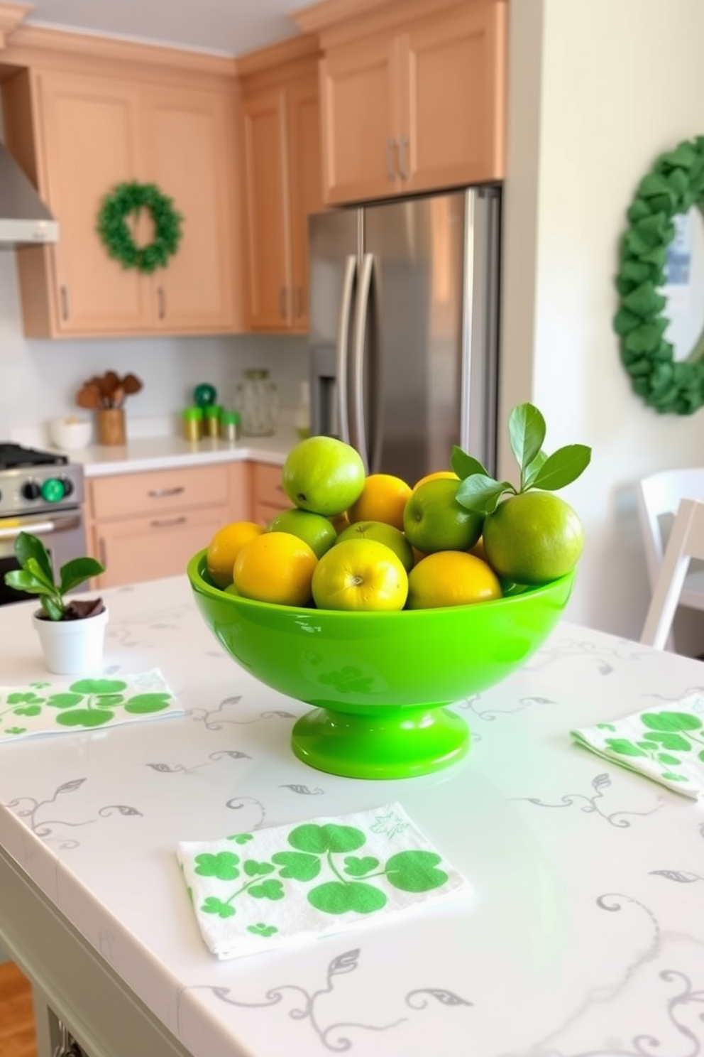 A vibrant green fruit bowl sits at the center of the kitchen island filled with fresh apples and limes. Surrounding the bowl, festive St. Patrick's Day decorations include shamrock-patterned linens and a small potted plant with green accents.