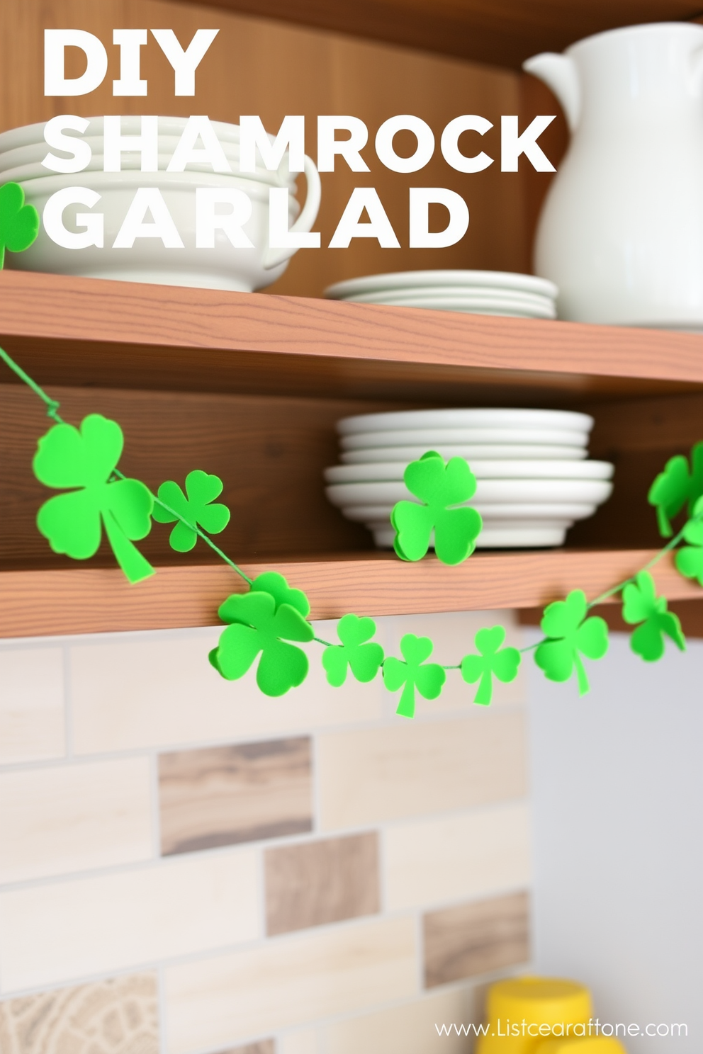 A festive green dishware collection is beautifully arranged on open shelving, showcasing various plates, bowls, and mugs adorned with shamrock patterns. The kitchen is decorated with cheerful St. Patrick's Day accents, including green and gold table runners and whimsical leprechaun figurines placed strategically around the space.