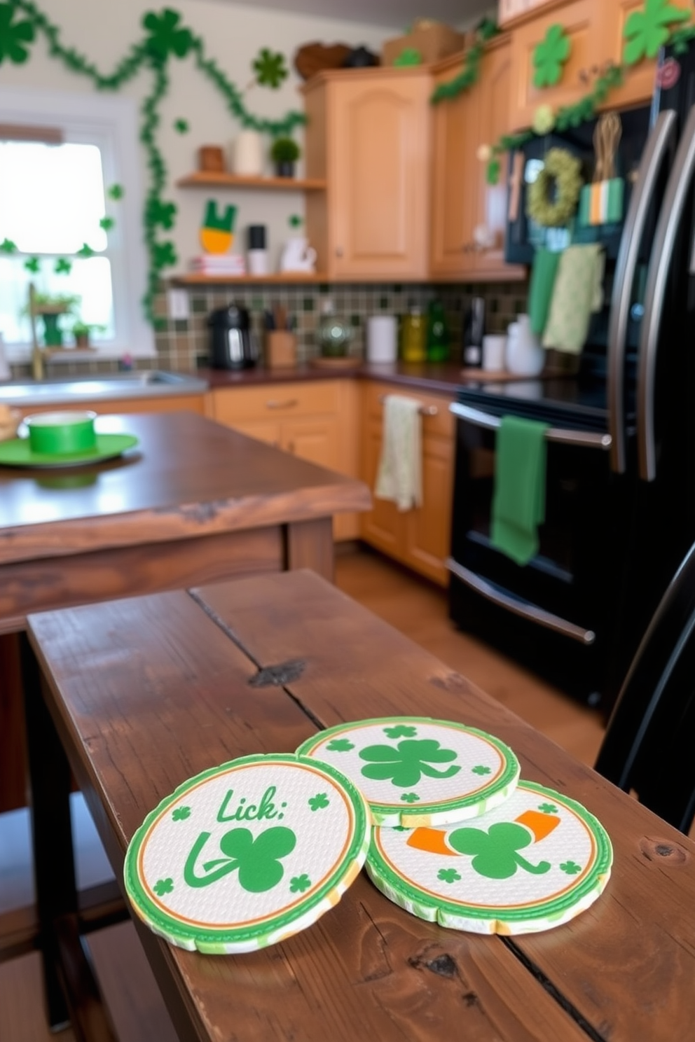 A set of lucky charm themed coasters is displayed on a rustic wooden table. The coasters feature vibrant green colors and playful designs, adding a festive touch to the kitchen. In the background, the kitchen is adorned with St. Patrick's Day decorations, including green garlands and shamrock accents. The overall atmosphere is cheerful and inviting, perfect for celebrating the holiday.