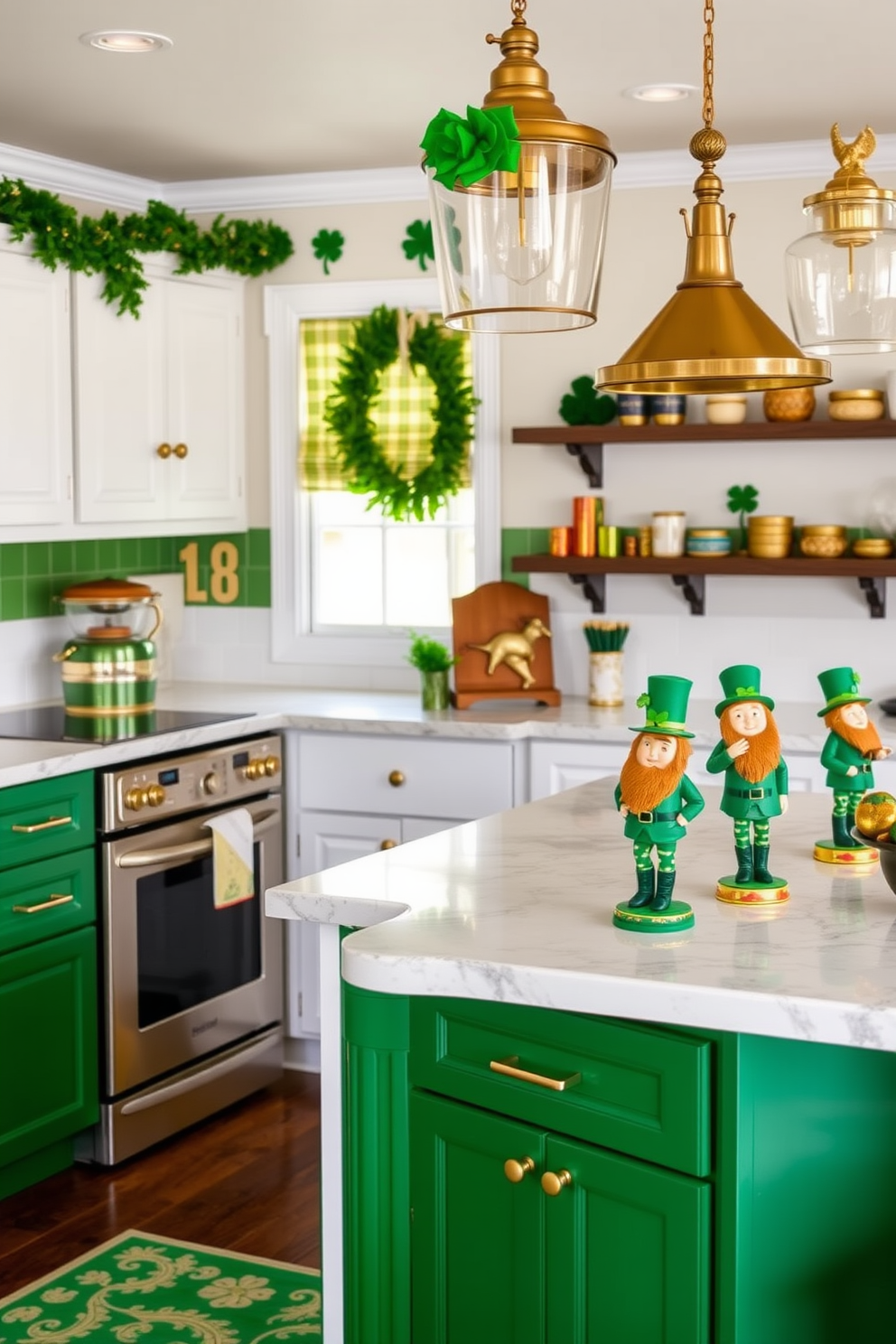 A charming kitchen adorned with leprechaun figurines placed strategically on the countertops. The vibrant green and gold accents throughout the space create a festive atmosphere for St. Patrick's Day celebrations.