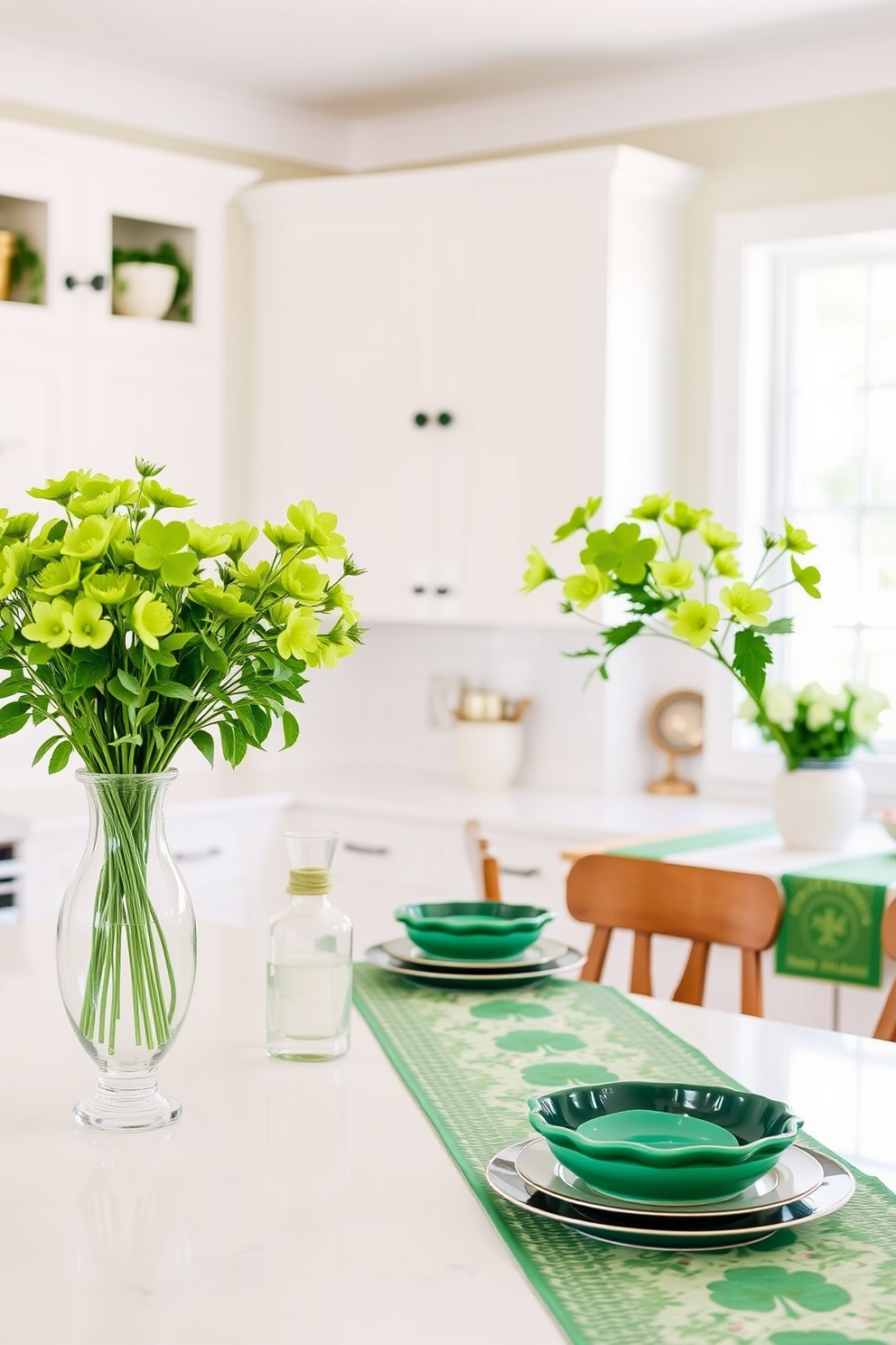 A festive dining table adorned with DIY shamrock centerpieces made from vibrant green felt and delicate white flowers. The table is set with rustic wooden placemats and gold-accented dinnerware, creating a warm and inviting atmosphere for St. Patrick's Day celebrations.