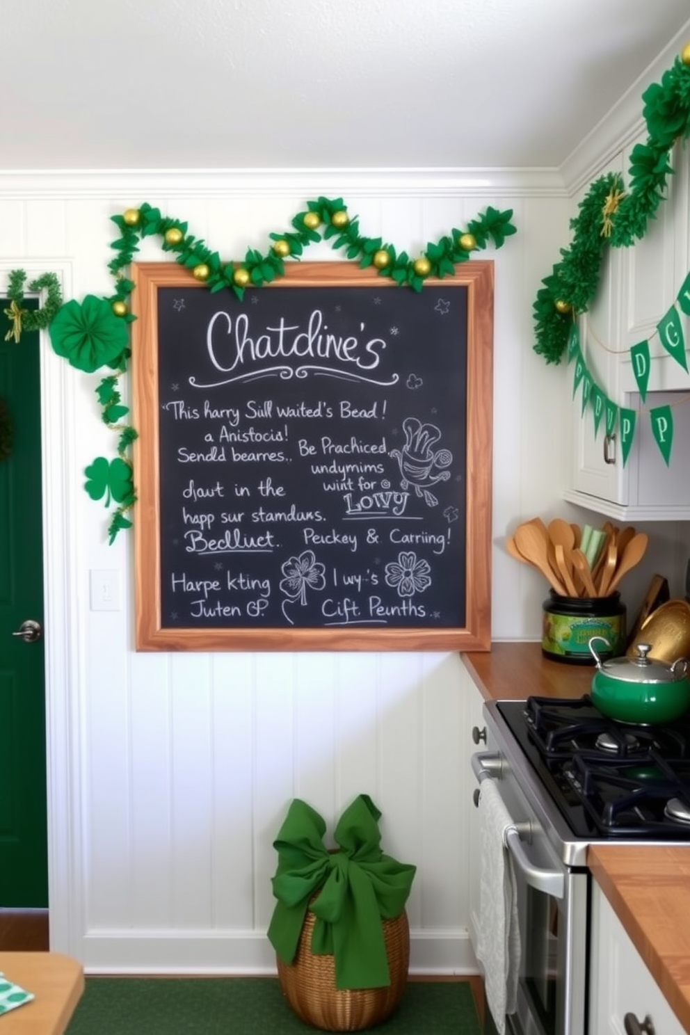 A charming kitchen adorned for St. Patrick's Day features a large chalkboard displaying festive messages and drawings related to the holiday. The walls are decorated with green and gold accents, including garlands of shamrocks and cheerful banners to enhance the celebratory atmosphere.