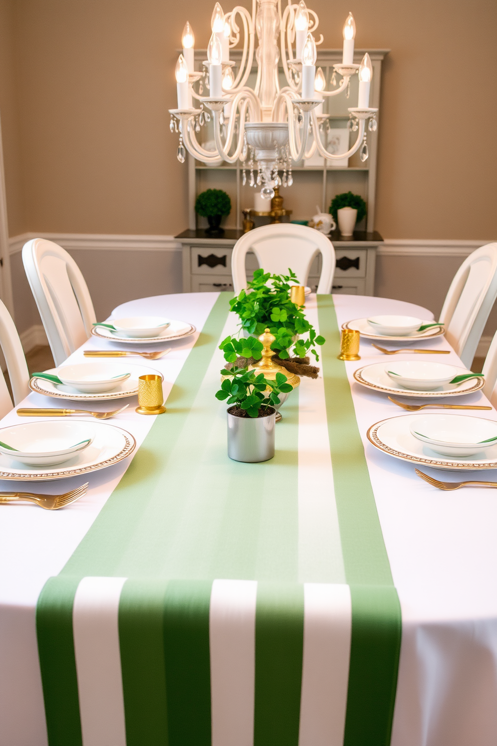 A cozy kitchen adorned with decorative Irish-themed wall art pieces. The walls feature vibrant green and gold accents, celebrating the spirit of St. Patrick's Day with shamrocks and Celtic designs. A rustic wooden table is set in the center, surrounded by mismatched chairs that add charm. Brightly colored tableware and festive decorations create a warm, inviting atmosphere perfect for holiday gatherings.