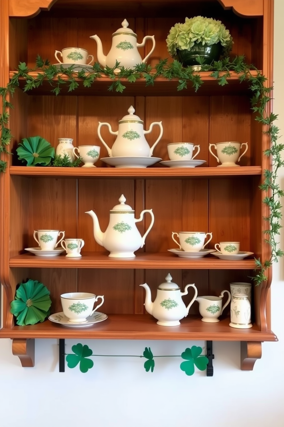 A vintage Irish tea set elegantly displayed on open wooden shelves. The shelves are adorned with green and gold accents to celebrate St. Patrick's Day, creating a warm and inviting atmosphere.