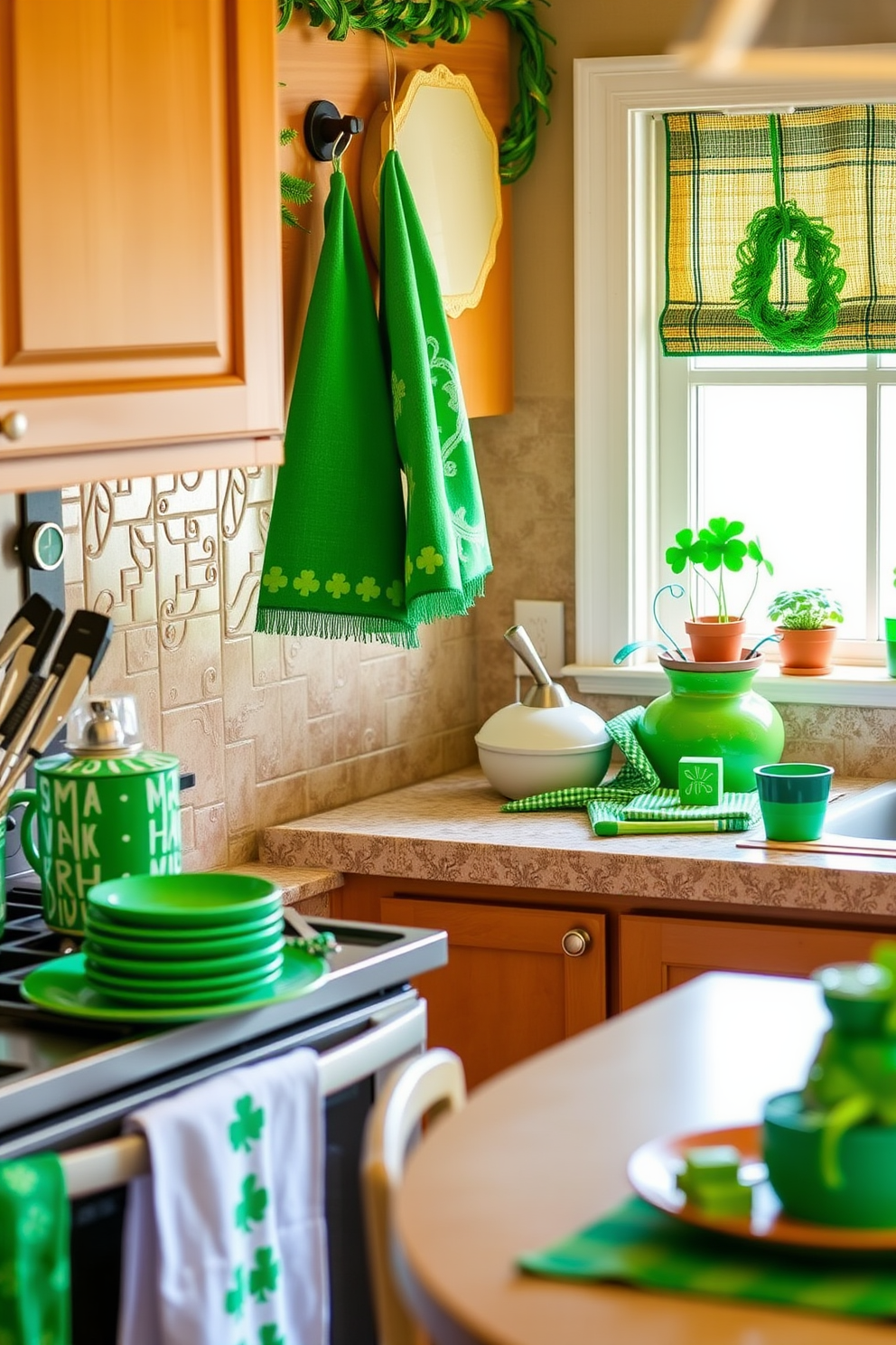 Create a cozy kitchen scene decorated for St Patrick's Day. The focus is on vibrant green dish towels featuring shamrock patterns hanging from the oven handle, complemented by festive tableware and decorations scattered across the countertops. Incorporate cheerful accents like a green table runner and small potted shamrock plants on the window sill. The overall ambiance should exude a warm, inviting atmosphere perfect for celebrating the holiday.