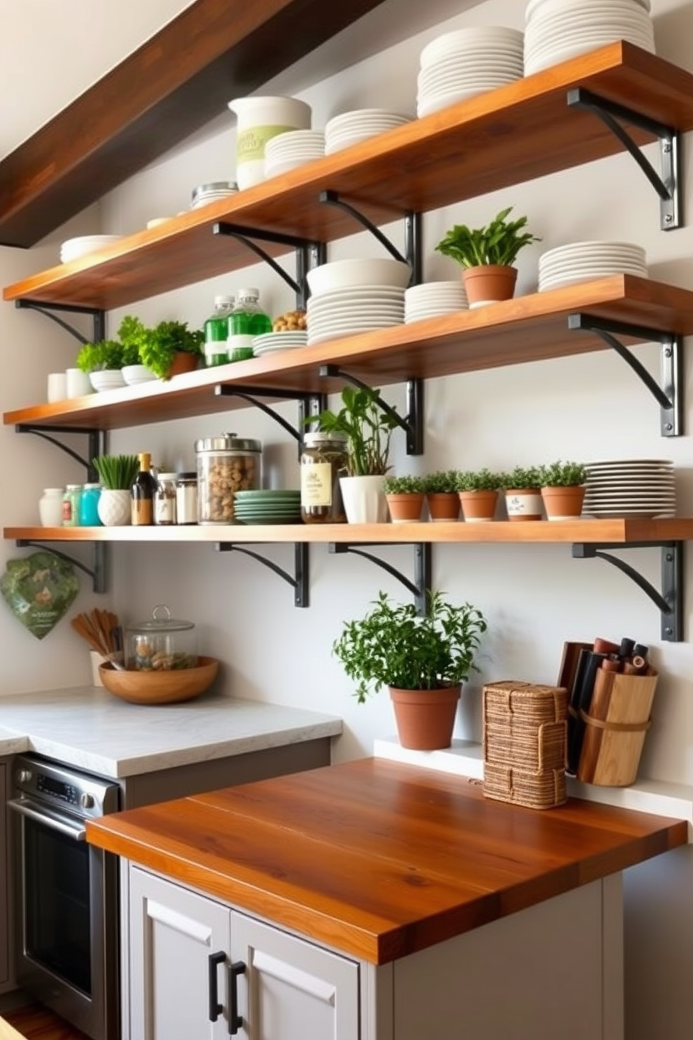 Create an inviting kitchen with open shelving that showcases a mix of decorative and functional items. The shelves are made of reclaimed wood and are filled with colorful dishes, glass jars of ingredients, and potted herbs for easy access. Incorporate a minimalist design with sleek cabinetry and a neutral color palette. A large island with bar stools provides additional storage and a casual dining space, enhancing the overall functionality of the kitchen.