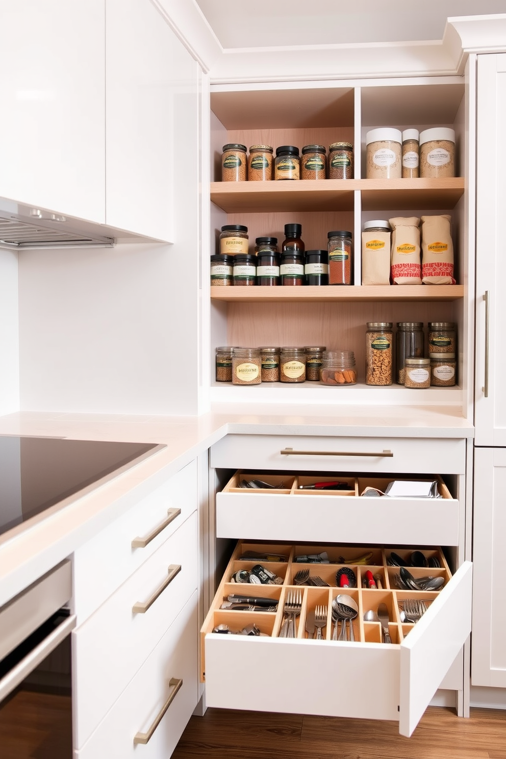 A modern kitchen with sleek cabinetry and a minimalist design. The drawers are equipped with custom organizers for utensils and tools, ensuring a tidy and efficient workspace. Open shelving displays neatly arranged jars and containers, showcasing a variety of spices and cooking essentials. The color palette features soft whites and natural wood tones, creating a warm and inviting atmosphere.