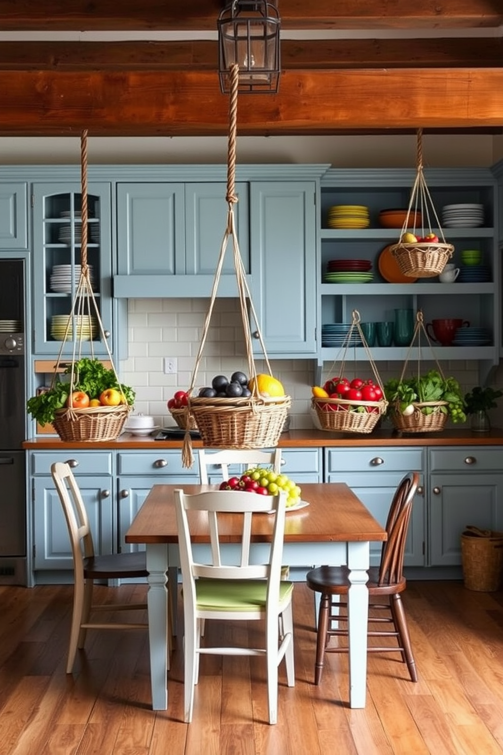 A cozy kitchen featuring hanging baskets filled with fresh produce. The baskets are suspended from a wooden beam, adding a rustic charm to the space. The kitchen cabinets are painted in a soft blue hue, complemented by open shelving displaying colorful dishes. A farmhouse-style table sits in the center, surrounded by mismatched chairs for a welcoming atmosphere.