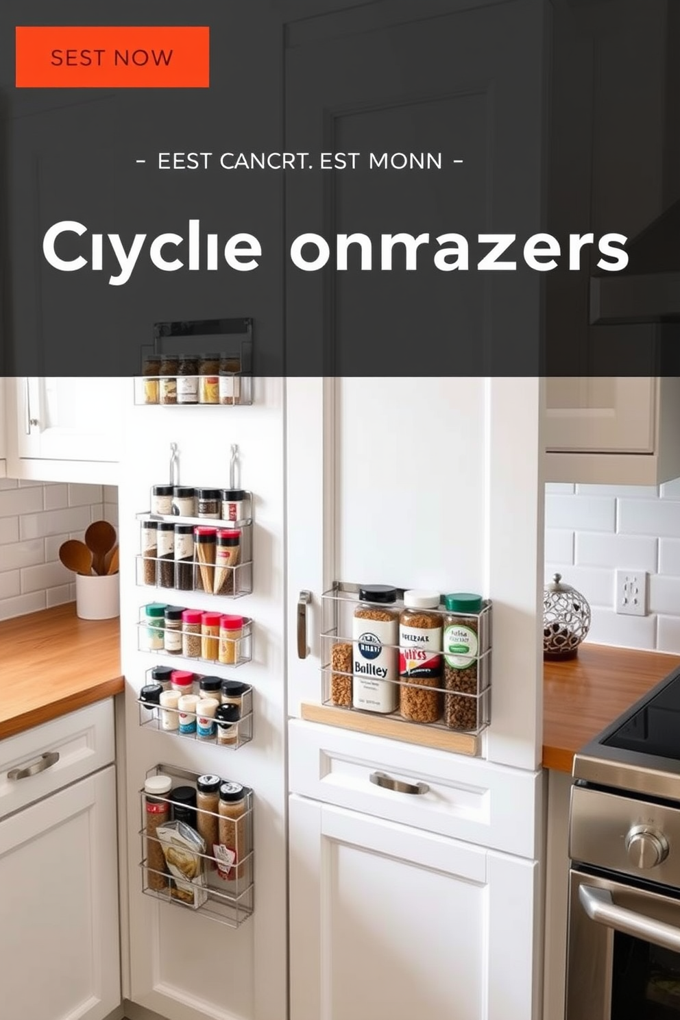 A stylish kitchen featuring over-the-door organizers for spices. The organizers are crafted from sleek metal and hold a variety of spice jars, providing easy access and a modern aesthetic. The kitchen cabinets are painted in a soft white color, complemented by a warm wooden countertop. A charming backsplash made of subway tiles adds texture and enhances the overall design.