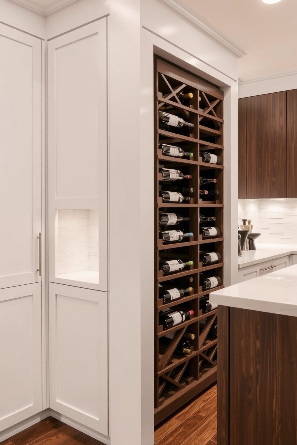 A modern kitchen featuring built-in wine racks seamlessly integrated into the cabinetry. The wine racks are made of dark wood, showcasing a variety of wine bottles, while the surrounding kitchen storage includes sleek, minimalist cabinets in a light finish.