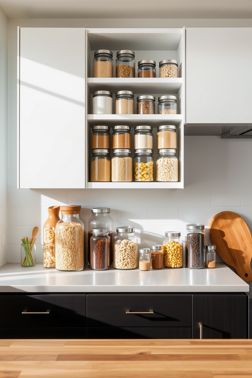 A modern pantry with clear glass jars arranged on open wooden shelves. The jars are filled with colorful grains and snacks, creating an organized and visually appealing display. The walls are painted in a soft white, enhancing the brightness of the space. A rustic wooden table sits in the center, adorned with a small potted herb for a touch of greenery.