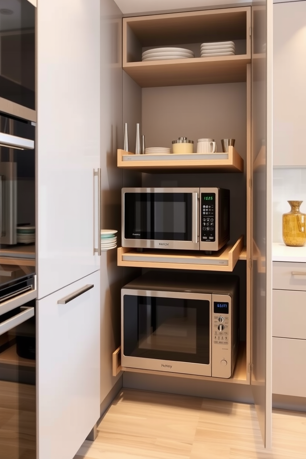 A modern kitchen featuring pull-out shelves designed specifically for heavy appliances. The cabinetry is sleek and minimalist, with a neutral color palette that enhances the spacious feel of the room. The pull-out shelves are sturdy and easily accessible, allowing for efficient organization of kitchen essentials. Soft-close mechanisms ensure a quiet and seamless experience when accessing the appliances stored within.