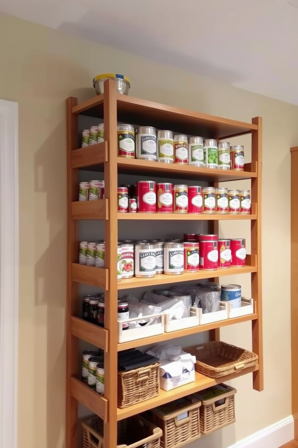 A tiered shelving unit is installed against the wall, displaying an organized collection of canned goods in varying sizes. The shelves are made of natural wood, complemented by decorative labels on each can for easy identification. The shelving design incorporates a mix of open and closed storage, with baskets for additional organization. Soft LED lighting highlights the arrangement, creating an inviting atmosphere in the kitchen.