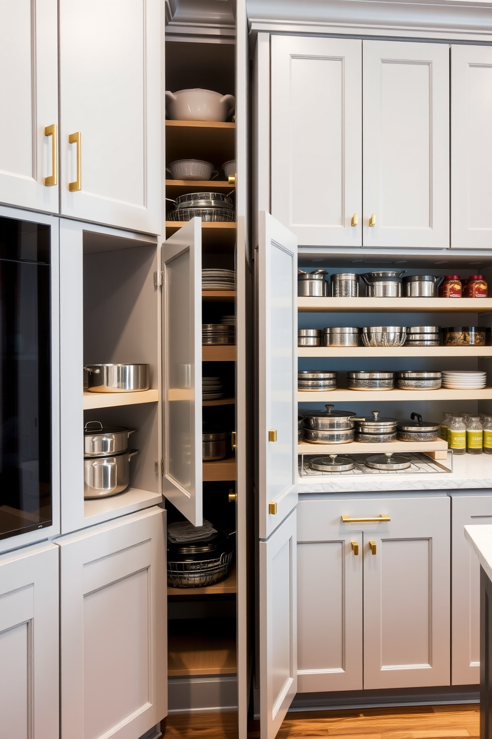 A modern kitchen featuring sleek in-cabinet pull-out shelves designed for easy access to dishes and cookware. The cabinetry is finished in a soft white with brushed nickel hardware, creating a clean and contemporary look. The pull-out shelves are lined with a light wood finish, providing a warm contrast to the cabinetry. Above, open shelving displays decorative dishware, adding a personal touch to the functional space.