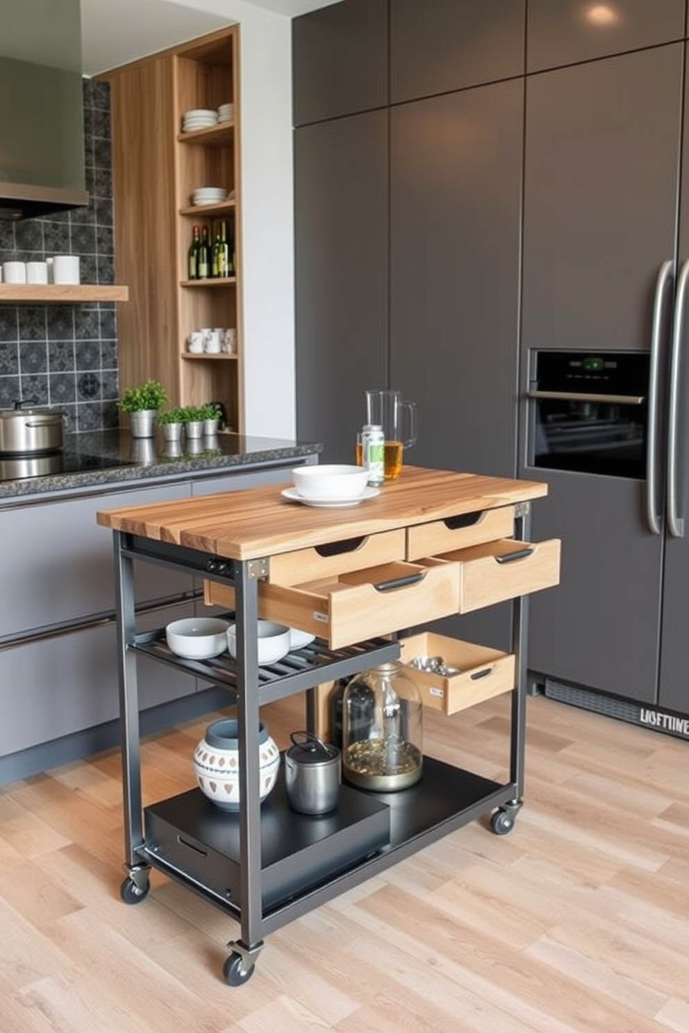 A stylish rolling cart serves as a mobile workspace, featuring a sleek design with a wooden top and metal frame. The cart is equipped with shelves for storage, allowing for easy access to supplies and tools while seamlessly blending into the kitchen decor. Innovative kitchen storage design ideas incorporate vertical shelving and pull-out drawers to maximize space efficiency. A combination of open and closed storage solutions creates a functional yet aesthetically pleasing environment, enhancing the overall kitchen experience.