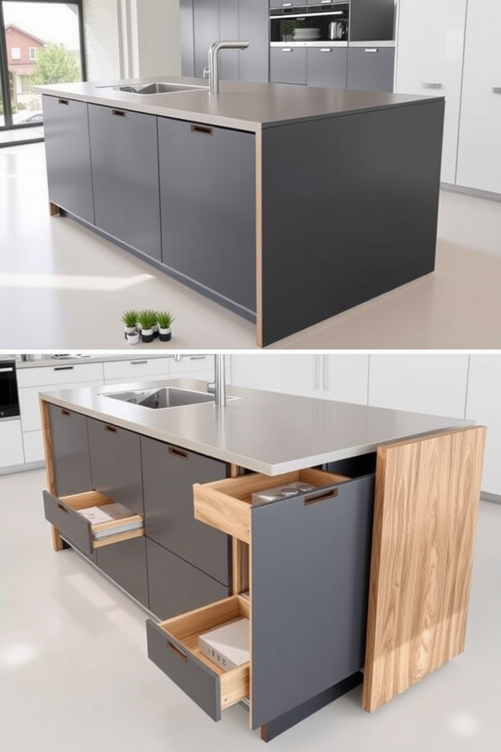 A modern kitchen island features hidden compartments seamlessly integrated into its design. The sleek surface is complemented by a combination of natural wood and matte finishes, providing both functionality and aesthetic appeal. Innovative storage solutions are incorporated, including pull-out drawers and concealed cabinets. The overall design promotes organization while maintaining a clean and uncluttered look.