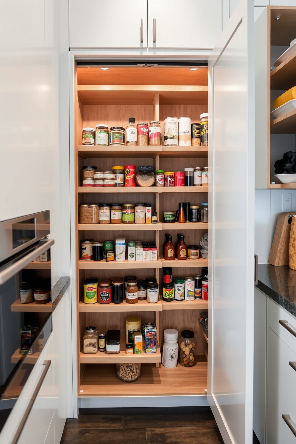 A modern pull-out pantry designed for hidden storage seamlessly integrates into the kitchen cabinetry. It features sleek wooden shelves that slide out effortlessly, showcasing an organized array of spices, canned goods, and dry ingredients. The pantry door blends into the surrounding cabinetry, maintaining a clean and cohesive look. Soft-close mechanisms ensure a quiet and smooth operation, enhancing the overall functionality of the kitchen space.