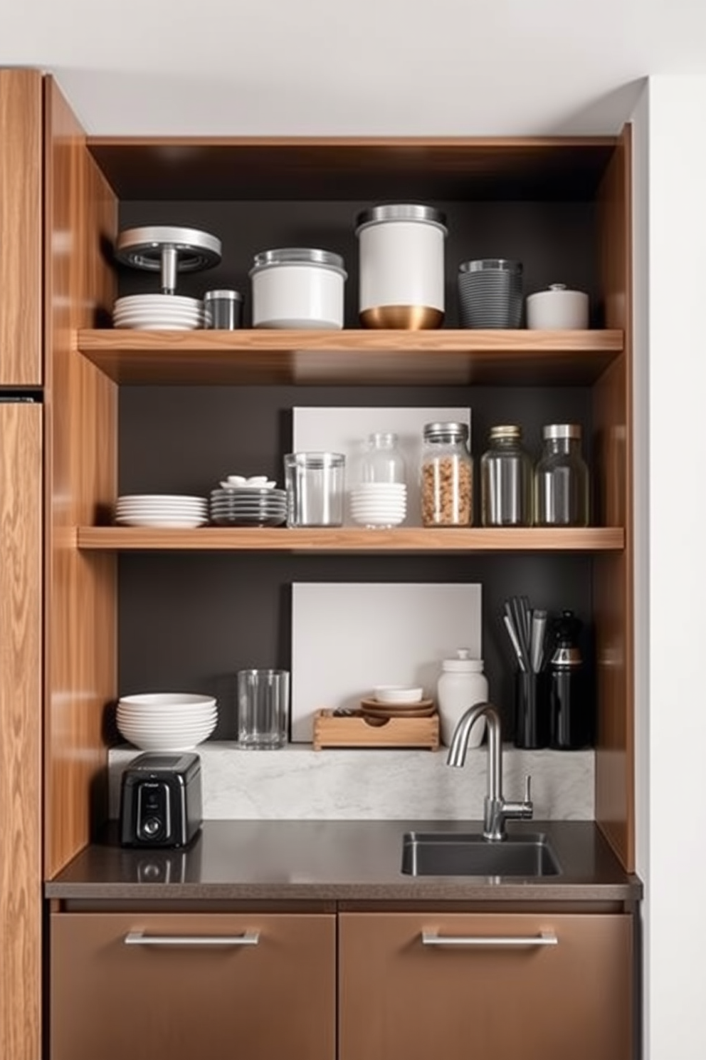 A modern kitchen featuring adjustable shelving that allows for flexible storage solutions. The shelves are made of sleek wood and are positioned above a stylish countertop, with various kitchen items neatly organized for easy access.