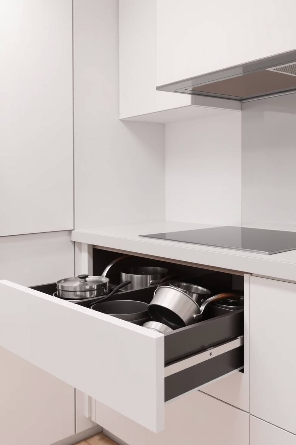 A modern kitchen featuring deep drawers specifically designed for pots and pans. The cabinetry is sleek and minimalist, with a soft-close mechanism that ensures a quiet and smooth operation.