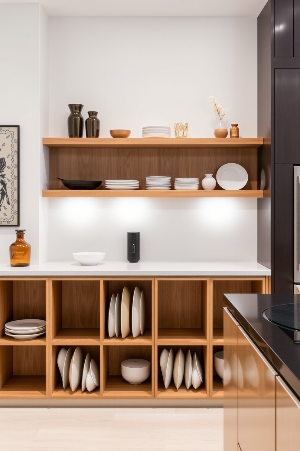 A modern kitchen featuring open cubbies for easy dish access. The cubbies are arranged in a sleek layout with a combination of natural wood and white finishes. Above the cubbies, there are elegant floating shelves displaying stylish dishware and decorative items. The kitchen island has a minimalist design with a contrasting dark countertop and ample space for meal preparation.