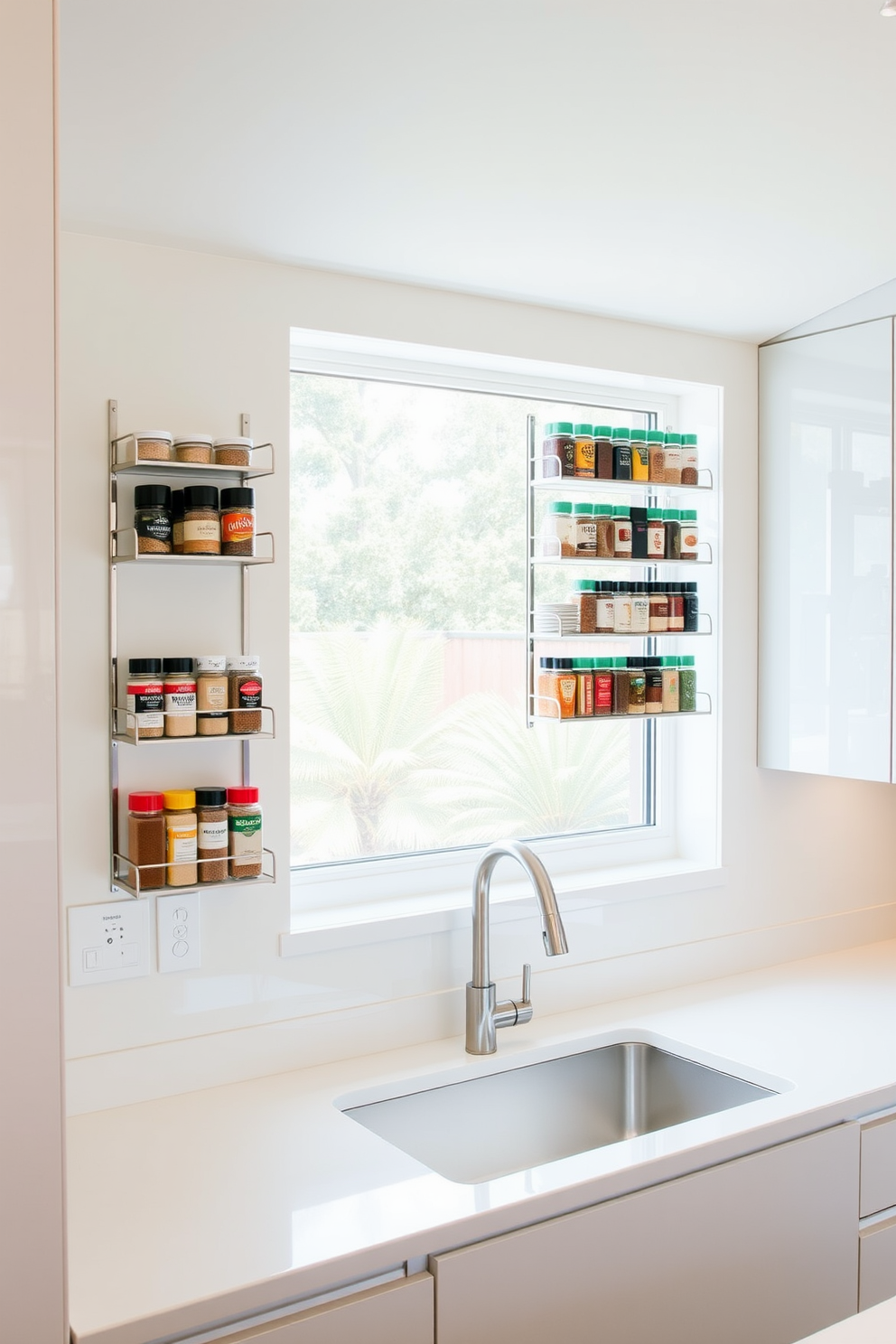 A modern kitchen featuring an open shelving unit made of reclaimed wood, displaying an array of colorful coffee mugs in various sizes. The cabinetry is sleek and white, complemented by a stylish backsplash of geometric tiles that adds a pop of color to the space. Incorporated into the design is a spacious island with bar stools, perfect for casual dining and entertaining. The overall atmosphere is bright and inviting, with natural light streaming in through large windows, enhancing the warm tones of the wooden elements.