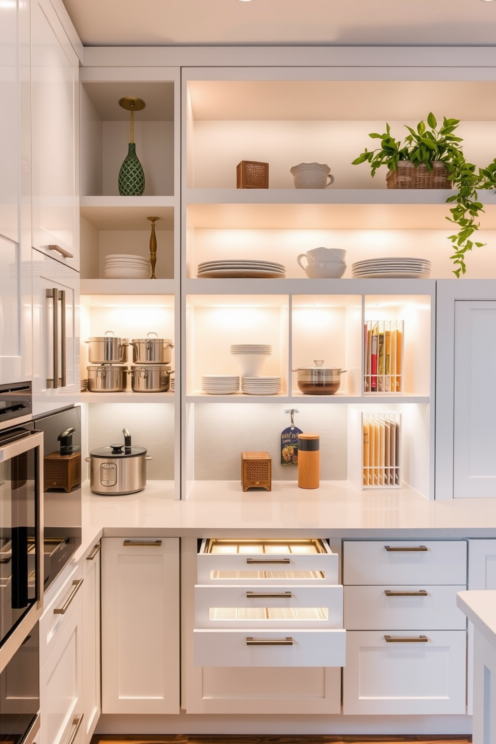 A cozy baking station featuring a spacious wooden countertop with a built-in mixer and baking essentials neatly arranged. Above the countertop, open shelving displays colorful jars of ingredients and cookbooks, while a rustic wooden cabinet provides ample storage for baking trays and utensils.