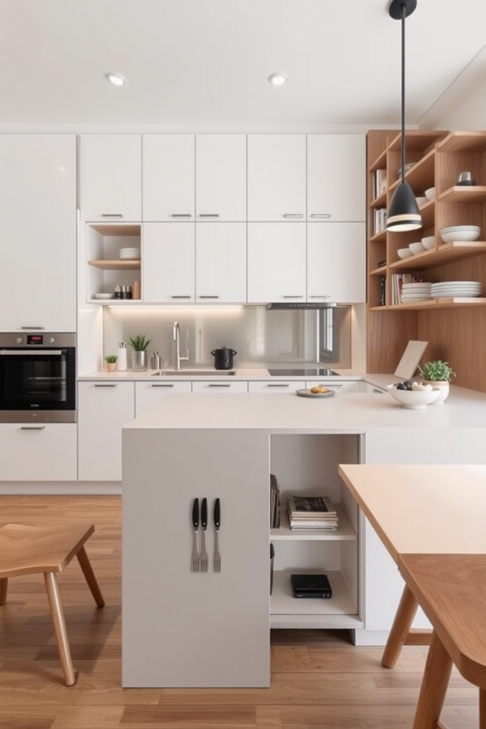 A modern kitchen featuring a sleek pot filler installed above a professional-grade stove. The cabinetry is a blend of open shelves and closed storage, showcasing elegant dishware while providing ample space for kitchen essentials. The backsplash is adorned with subway tiles in a glossy finish, complementing the rich wood tones of the cabinets. A large island in the center serves as both a prep area and a casual dining spot, with stylish bar stools arranged around it.