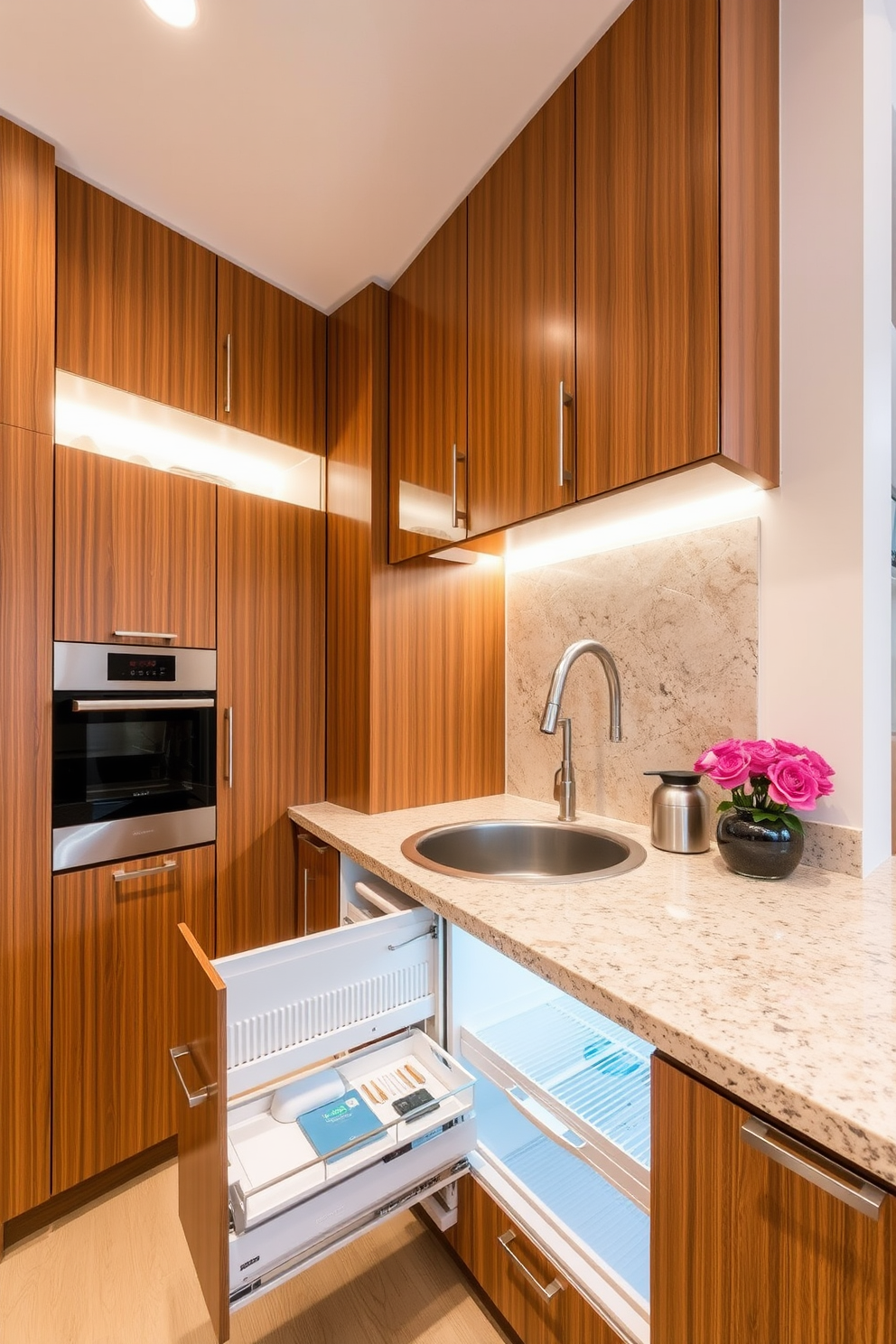 A beautifully designed kitchen featuring under-cabinet lighting that creates a warm and inviting ambiance. The cabinets are sleek and modern with a rich wood finish, and the lighting highlights the elegant countertop materials. Innovative storage solutions are seamlessly integrated into the kitchen design. Pull-out shelves and hidden compartments maximize space while maintaining a clean and organized appearance.