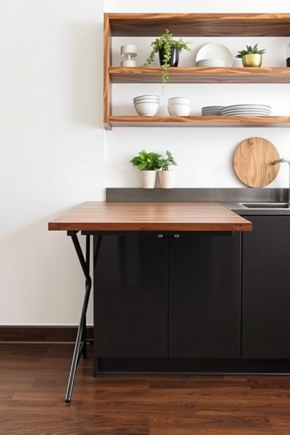 A sleek foldable table is positioned against a wall, featuring a smooth wooden surface with a minimalist design. When not in use, it can be easily collapsed to create more space in the room. The kitchen storage design incorporates open shelving made of reclaimed wood, showcasing decorative dishware and plants. Below, sleek cabinets with a glossy finish provide ample hidden storage for kitchen essentials, maintaining a clean and organized look.