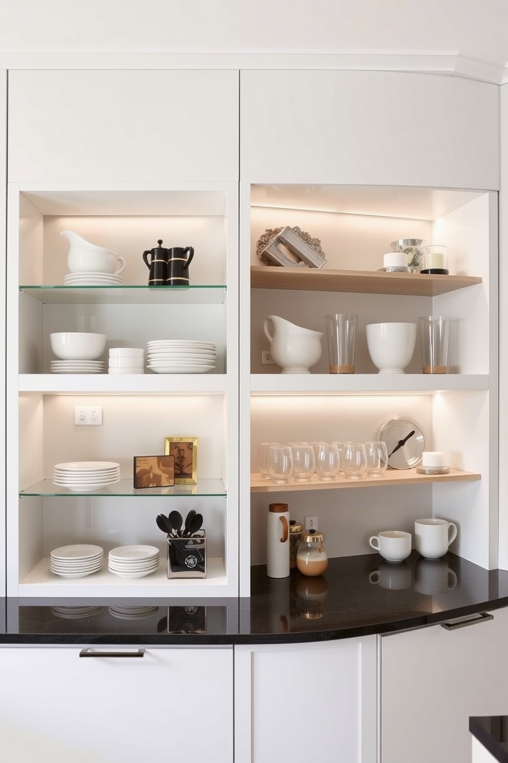 Recessed shelving is integrated into the kitchen walls, creating a seamless and modern aesthetic. The shelves are adorned with elegant dishware and decorative items, enhancing the overall sophistication of the space. The cabinetry features a minimalist design with clean lines, complementing the recessed shelving. A combination of open and closed storage solutions provides both functionality and style, making the kitchen feel organized and inviting.