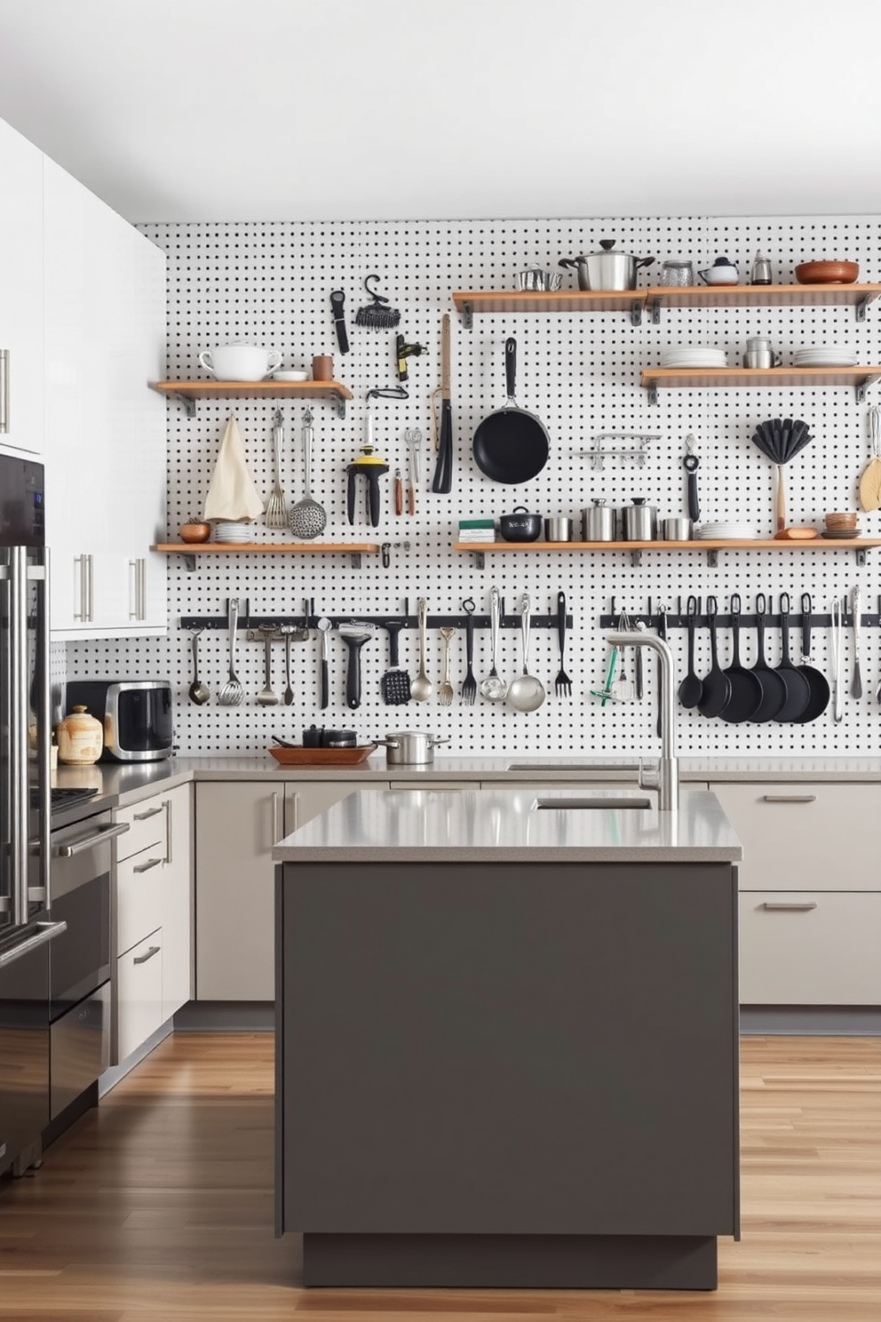 A modern kitchen design featuring a pull-down shelf specifically for mixers. The shelf is seamlessly integrated into the cabinetry, allowing for easy access while maintaining a sleek appearance. The kitchen is adorned with open shelving that showcases stylish glassware and cookbooks. Warm wood accents complement the white cabinetry, creating a welcoming and functional space.