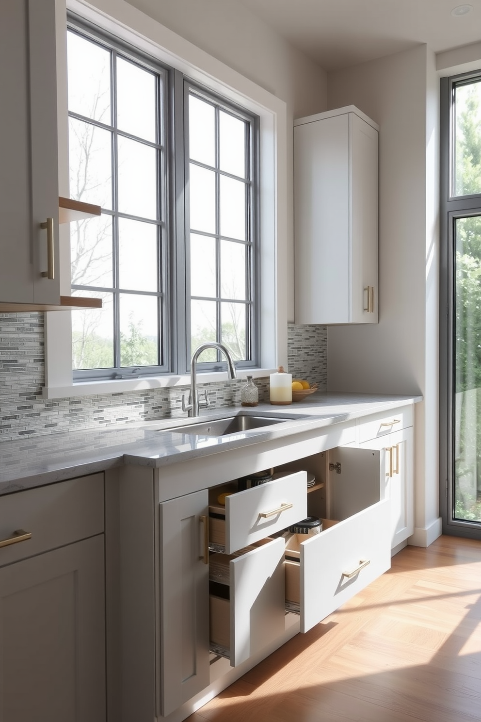 A modern kitchen featuring under-sink cabinets with sleek sliding drawers for optimal storage. The cabinets are finished in a soft white with brushed nickel handles, seamlessly blending functionality and style. Above the sink, a stylish backsplash in a subtle mosaic pattern adds visual interest. Natural light floods the space through a large window, highlighting the organized interior of the sliding drawers.