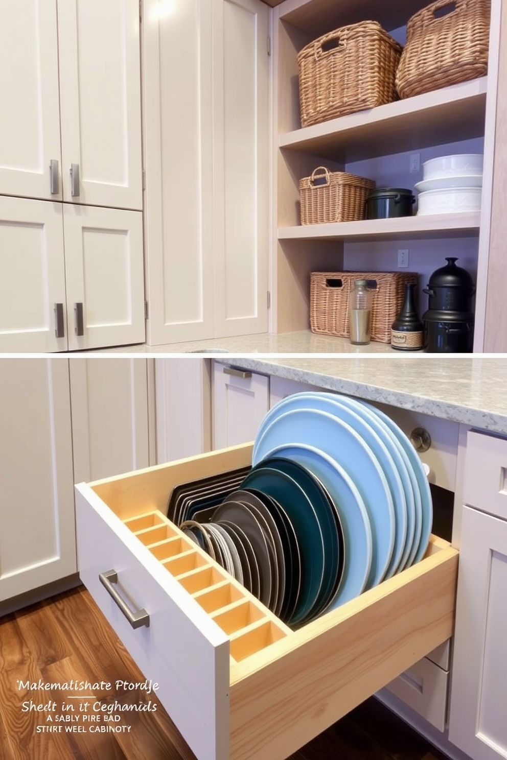 A dedicated baking sheet storage area features a pull-out drawer specifically designed to hold various sizes of baking sheets and pans. The drawer is lined with soft-close mechanisms to ensure quiet and smooth operation, while the interior is organized with dividers to keep items neatly separated. The kitchen storage design includes custom cabinetry that maximizes space efficiency, with tall cabinets reaching the ceiling for additional storage. Open shelving above the countertop provides easy access to frequently used items, while stylish baskets and containers add a touch of decor.