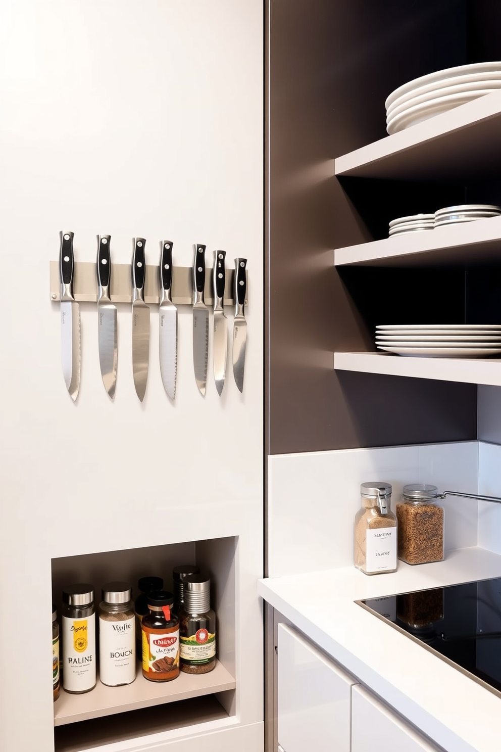 A magnetic knife strip is mounted on a sleek, modern kitchen wall, showcasing an array of high-quality knives. Below the strip, open shelving displays neatly arranged spices and cooking essentials in stylish containers.