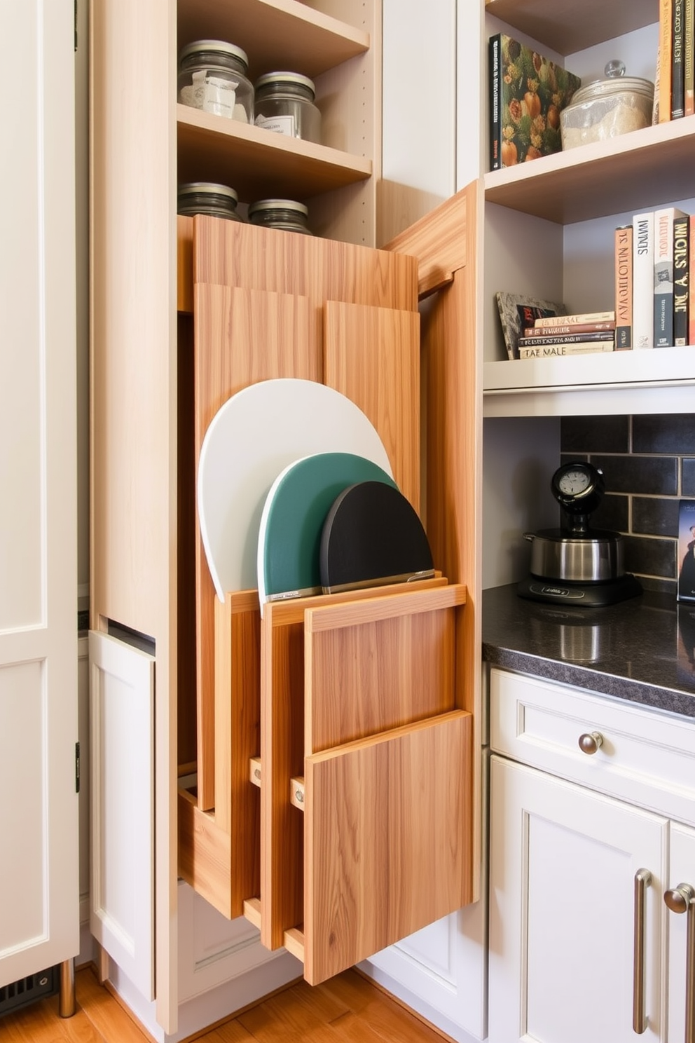 A modern kitchen with sleek cabinetry featuring drawer dividers specifically designed for utensil organization. The dividers are crafted from bamboo and neatly separate forks, knives, and spoons for easy access and a tidy appearance. The kitchen also includes open shelving displaying beautifully arranged dishes and glassware. A stylish backsplash in a soft pastel color complements the overall aesthetic while enhancing functionality.