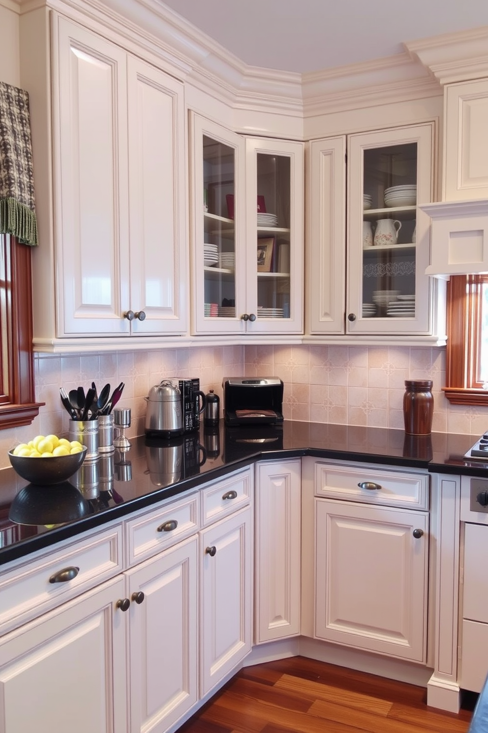 A cozy kitchen corner features elegant cabinets with built-in lazy Susans for easy access to stored items. The cabinets are painted in a soft white finish, complementing the warm wooden accents throughout the space.