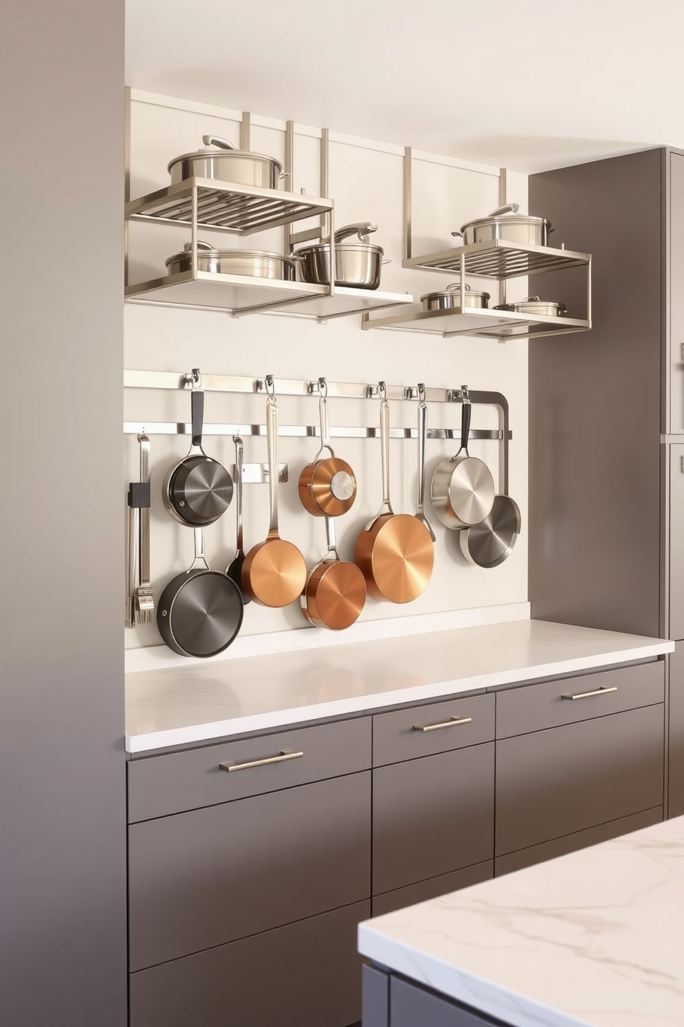 A stylish kitchen featuring a hanging pots and pans rack made of polished stainless steel. Below the rack, open shelving displays neatly arranged dishes and glassware, while the cabinets are painted in a soft white hue.