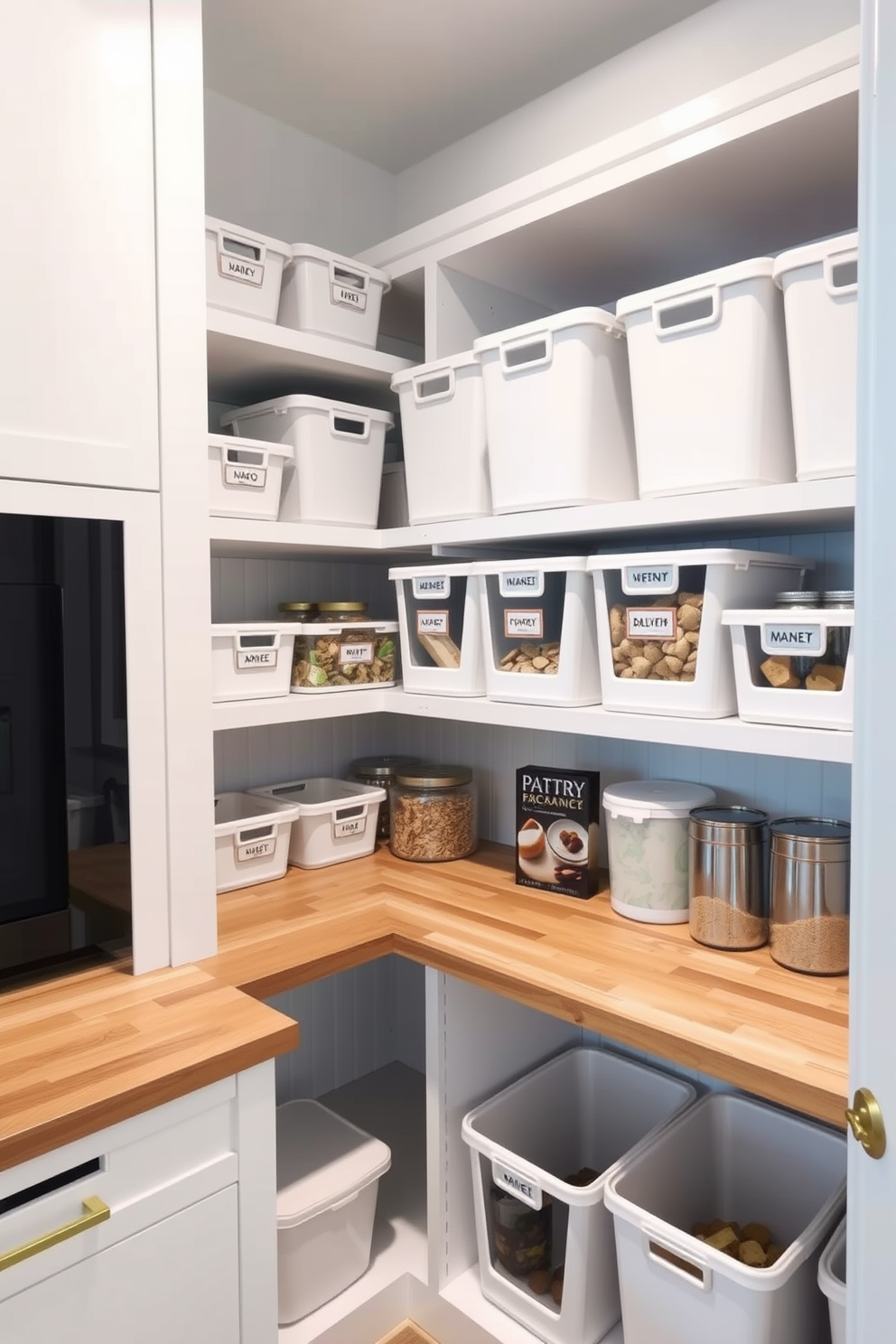 A modern pantry featuring stackable bins for organization. The bins are labeled and neatly arranged on open shelves, creating a tidy and efficient storage solution. The walls are painted in a soft white color, enhancing the bright and airy feel of the space. A wooden countertop provides additional workspace, complemented by stylish containers for dry goods.