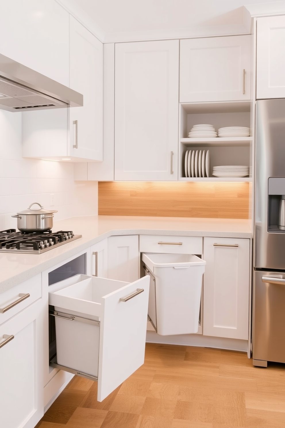 A modern kitchen featuring pull-out trash bins integrated into the cabinetry for easy access and convenience. The design includes sleek cabinets with a minimalist aesthetic, maximizing storage space while maintaining a clean look. Incorporate various storage solutions such as deep drawers for pots and pans along with vertical dividers for baking sheets. The color palette consists of soft whites and natural wood tones, creating a warm and inviting atmosphere.