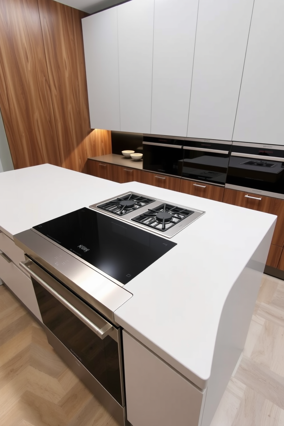 A modern kitchen stove design featuring stainless steel with sleek lines. The stove is built into a minimalist kitchen island with a seamless countertop and integrated storage.