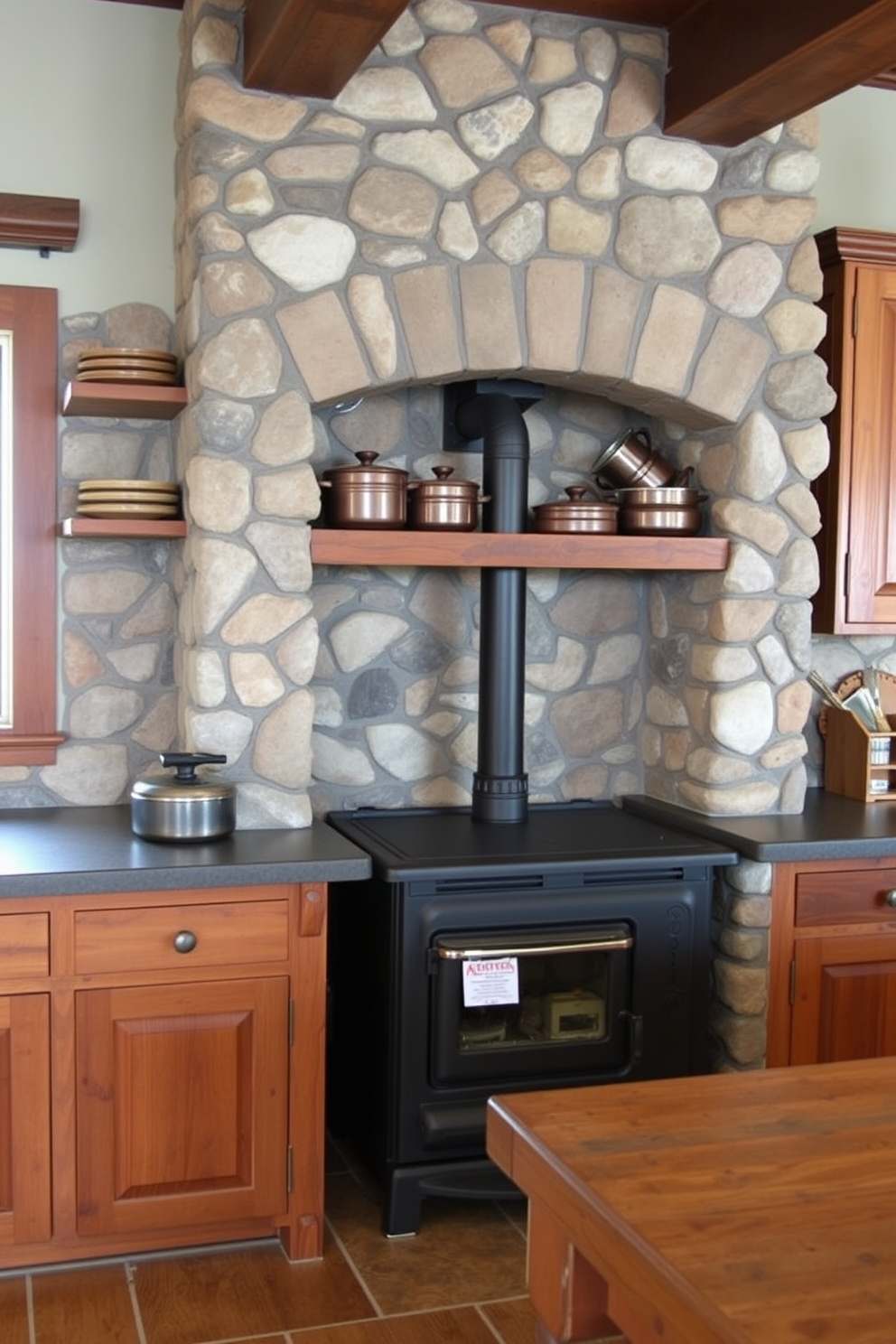 A rustic kitchen stove featuring reclaimed wood accents creates a warm and inviting atmosphere. The stove is surrounded by open shelving made from the same reclaimed wood, showcasing artisanal cookware and fresh herbs.