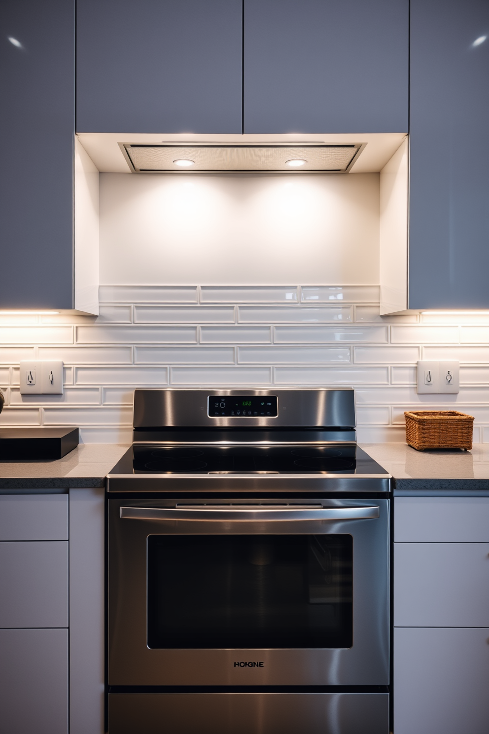 A stunning stove alcove showcases intricate decorative tile work that adds character to the kitchen. The stove is framed by custom cabinetry, with open shelving above displaying elegant dishware and herbs in decorative pots.