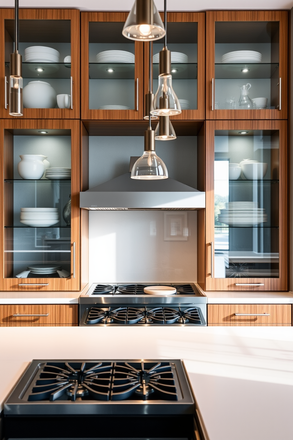 A creative herb garden is mounted above the stove, featuring a variety of fresh herbs in stylish pots. The pots are arranged on a sleek wooden shelf that complements the modern kitchen aesthetic. The stove itself is a state-of-the-art appliance with a stainless steel finish and a minimalist design. Surrounding the stove are elegant backsplash tiles in soft earth tones that enhance the warm ambiance of the kitchen.