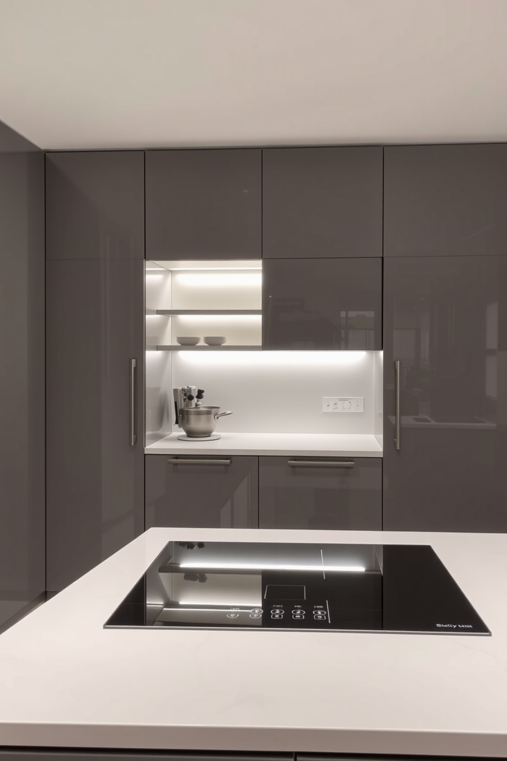 A modern kitchen featuring smart technology seamlessly integrated into the design. The kitchen includes a sleek induction stove with touch controls and a built-in smart assistant for recipe guidance. The cabinetry is minimalist with a high-gloss finish and soft-close mechanisms. Under-cabinet lighting illuminates the workspace, enhancing both functionality and aesthetics.