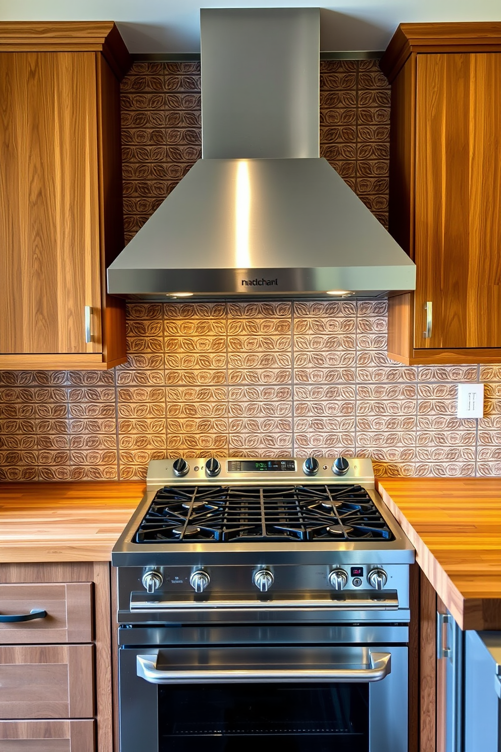 A modern kitchen featuring a combination of wood and metal elements. The stove is framed with a sleek stainless steel finish and surrounded by warm wooden cabinetry, creating a striking contrast. The backsplash is adorned with textured ceramic tiles that add depth to the space. A large island with a butcher block countertop complements the stove, providing both functionality and style.