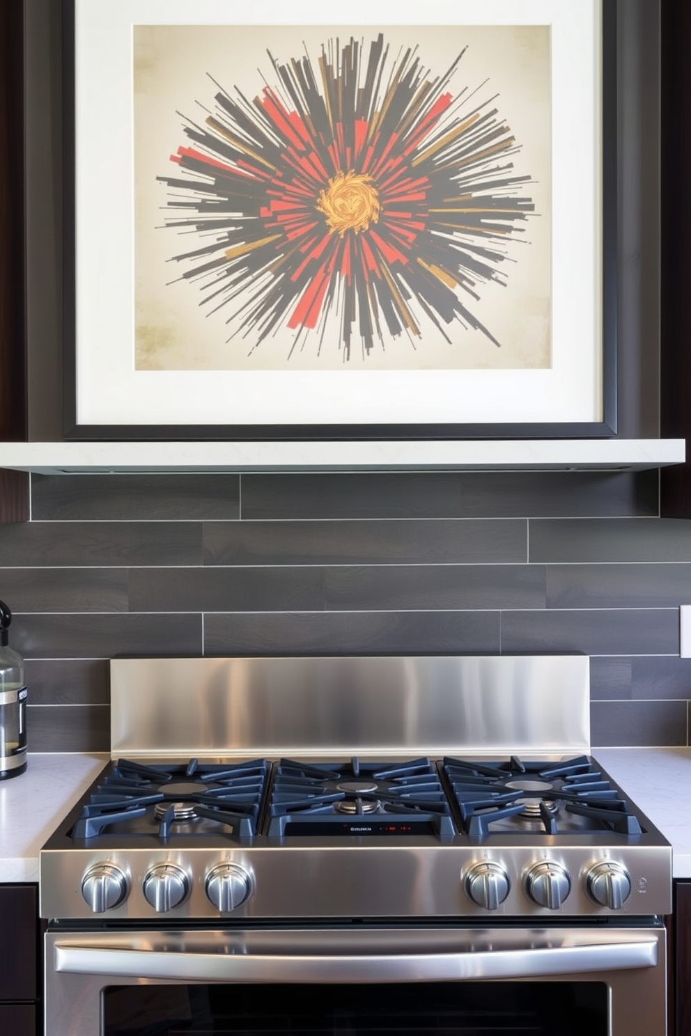 A striking statement art piece hangs above the stove, creating a focal point that enhances the kitchen's aesthetic. The stove features a sleek stainless steel design with modern controls, seamlessly blending functionality and style.