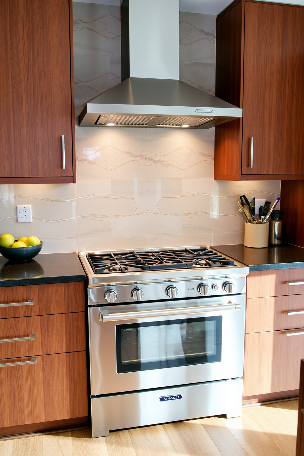 A striking kitchen features a stove with a decorative hood in a bold color that serves as the focal point of the space. The surrounding cabinetry is sleek and modern, complementing the vibrant hood while providing ample storage for kitchen essentials. The countertop is made of polished granite, adding a touch of luxury to the design. Bright pendant lights hang above the island, illuminating the workspace and enhancing the overall aesthetic of the kitchen.