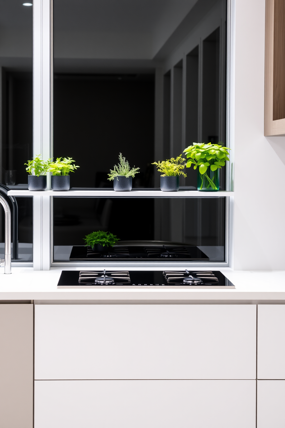 A modern kitchen featuring creative use of herbs in decorative pots. The pots are arranged on a sleek windowsill, with vibrant green herbs adding freshness to the space. The kitchen stove is designed with a minimalist aesthetic, showcasing a seamless integration into the cabinetry. The stove is surrounded by elegant countertops that complement the overall design.