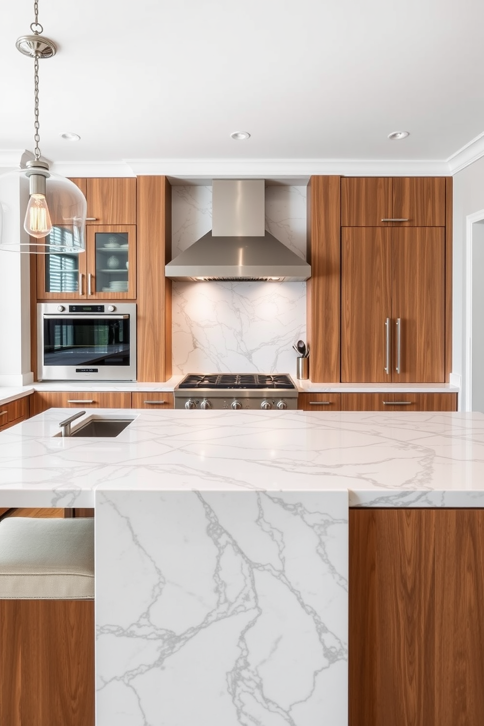 A stunning kitchen with marble countertops that exude luxury and sophistication. The space features a sleek island with bar seating, complemented by elegant pendant lighting overhead. The kitchen stove is a modern gas range, seamlessly integrated into the cabinetry for a streamlined look. Surrounding the stove are custom cabinets in a rich wood finish, providing ample storage and a warm contrast to the marble surfaces.