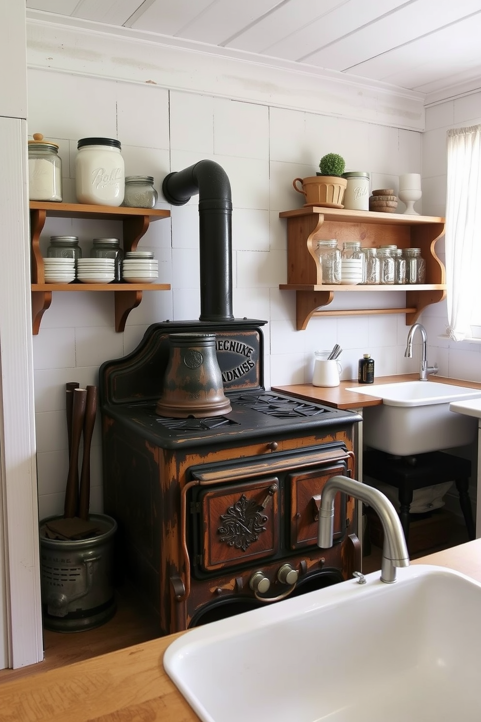 A vintage farmhouse kitchen featuring a distressed wood stove with intricate detailing. The stove is surrounded by open shelving displaying rustic dishware and mason jars, complemented by a farmhouse sink beneath a window with sheer curtains.